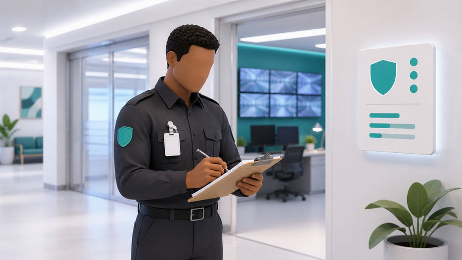 A security officer filing an incident report