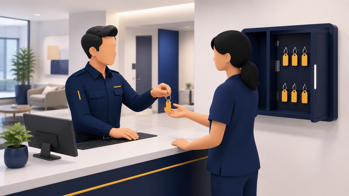 A key being issued across a front desk beside a wall key cabinet