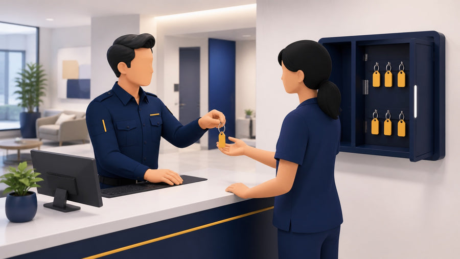 A key being issued at a front desk key cabinet