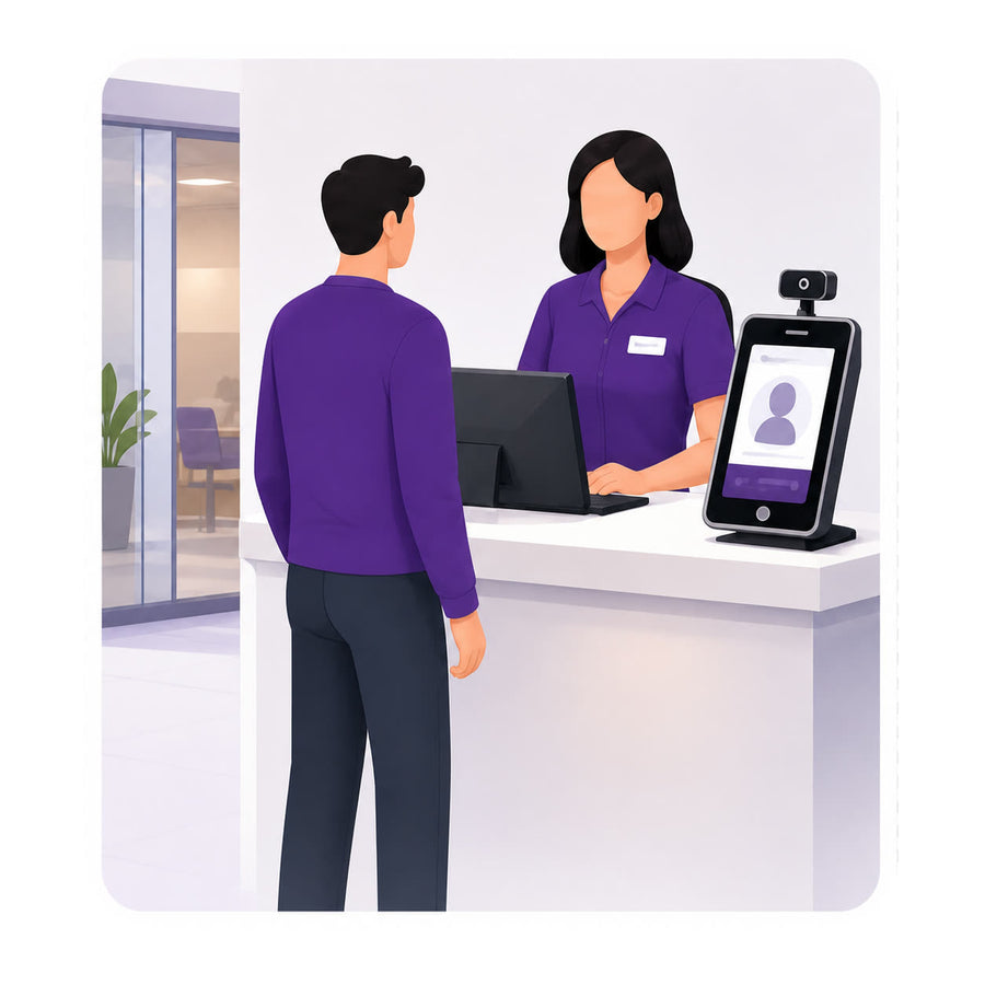 A visitor checking in with staff at the front desk
