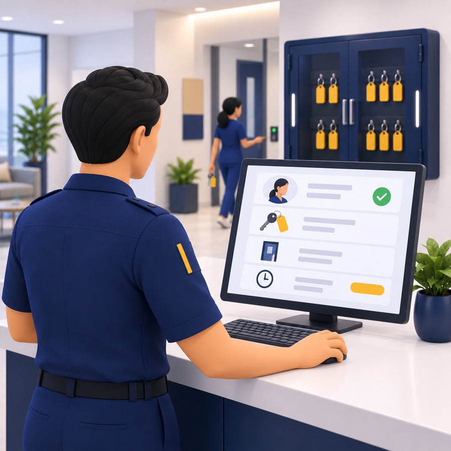 An officer checking the current holder, status and due date on screen while a nurse leaves with a key