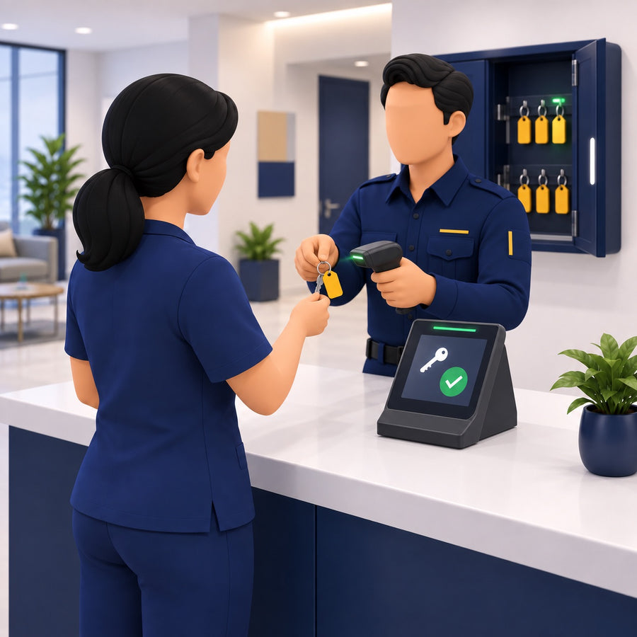 A returned key being scanned back in at the counter and released to the next user