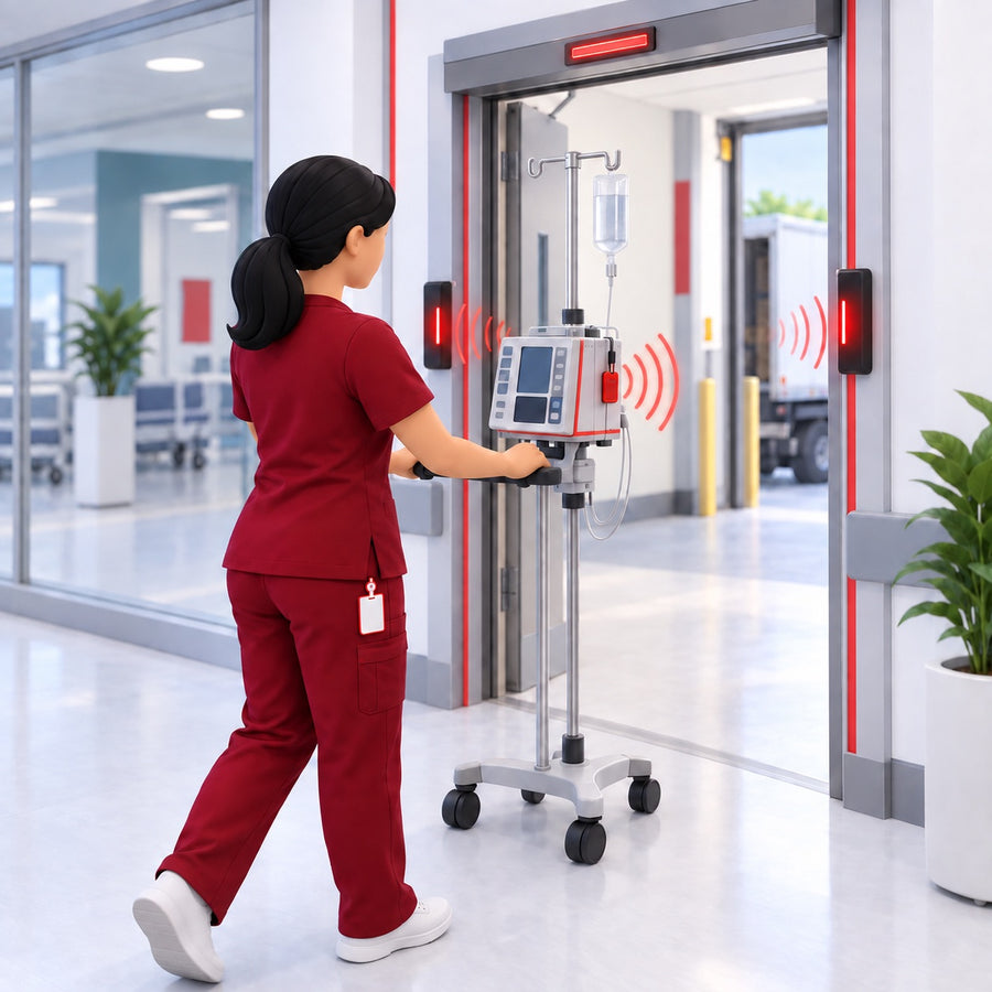 A tagged infusion pump passing reader antennas at a hospital doorway