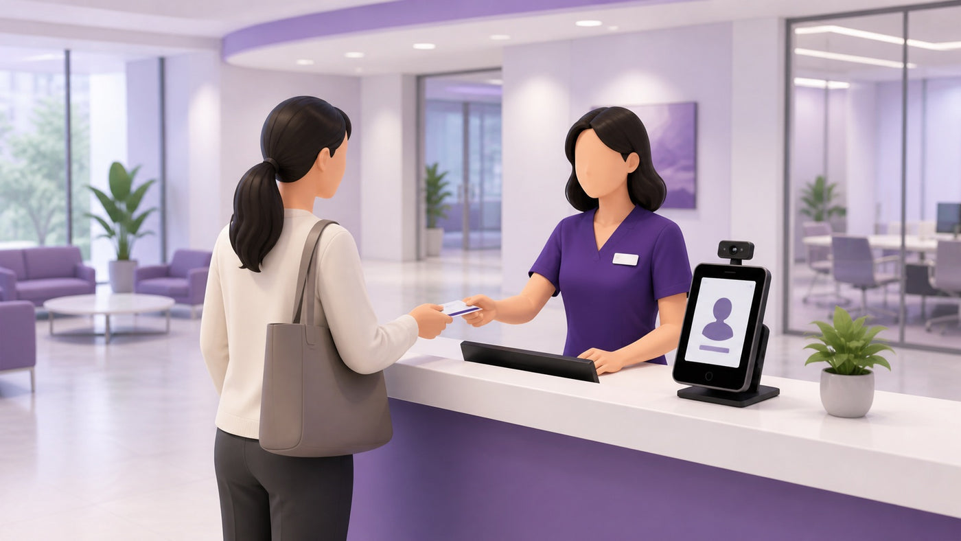 A visitor checking in at a staffed front desk