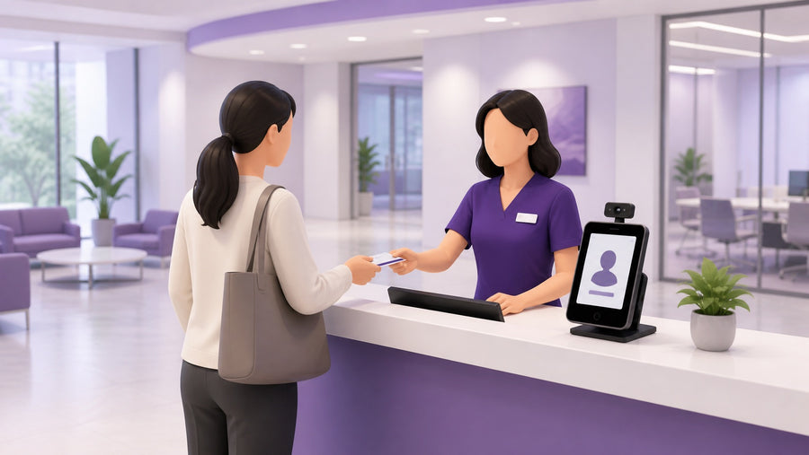 A visitor checking in at a staffed front desk