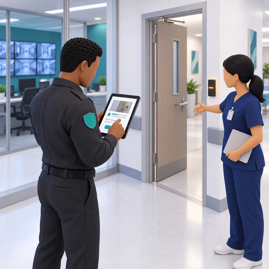 An officer recording an observation on a tablet while a nurse points out a secured door