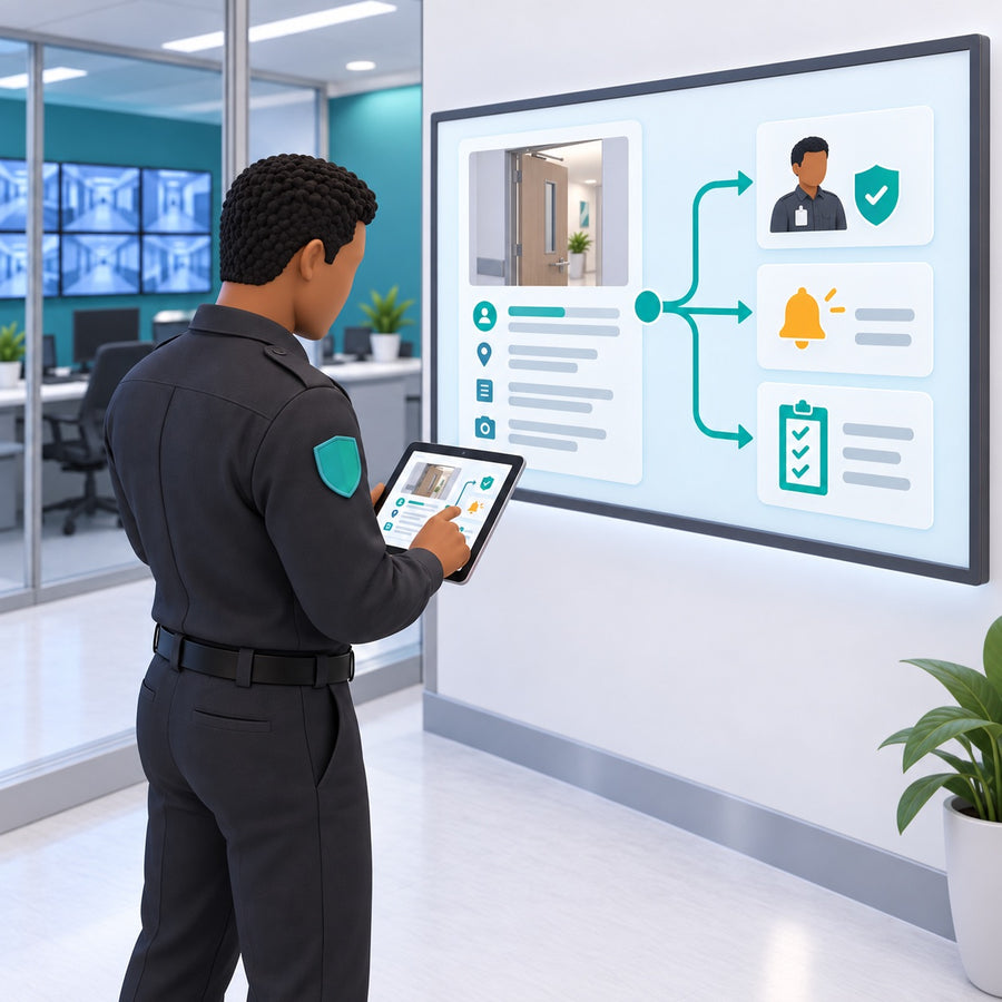 A wall display routing the new report to verification, notification and required follow-up