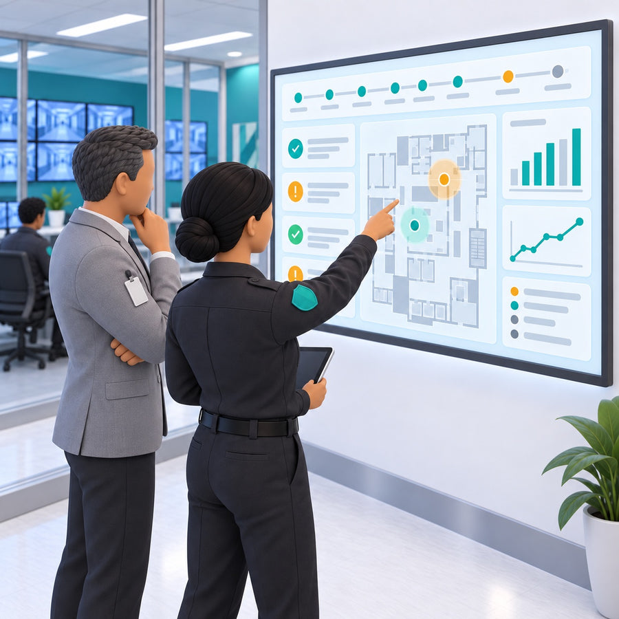 A supervisor and an officer reading a dashboard of open items, a floor plan and trend charts