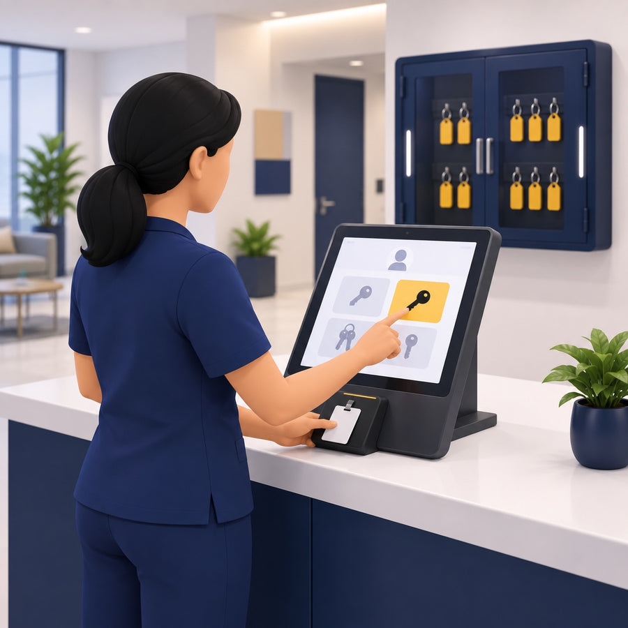 A nurse choosing a key on the request kiosk beside a wall-mounted key cabinet