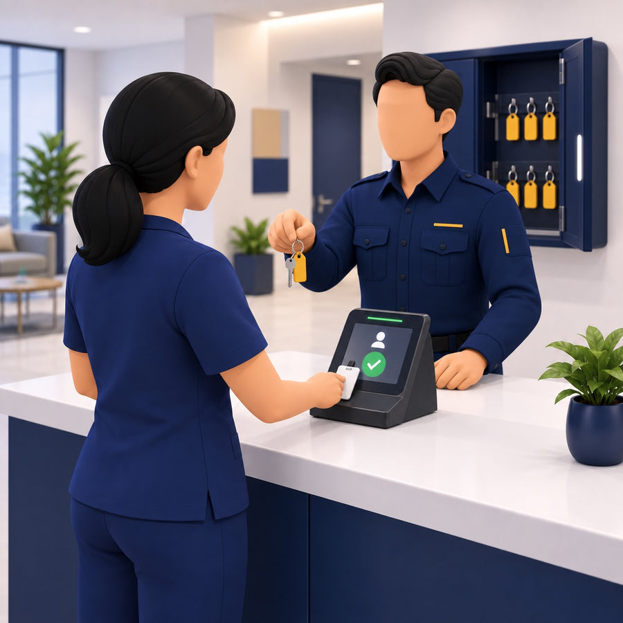 A security officer handing a tagged key across the counter once the request is approved